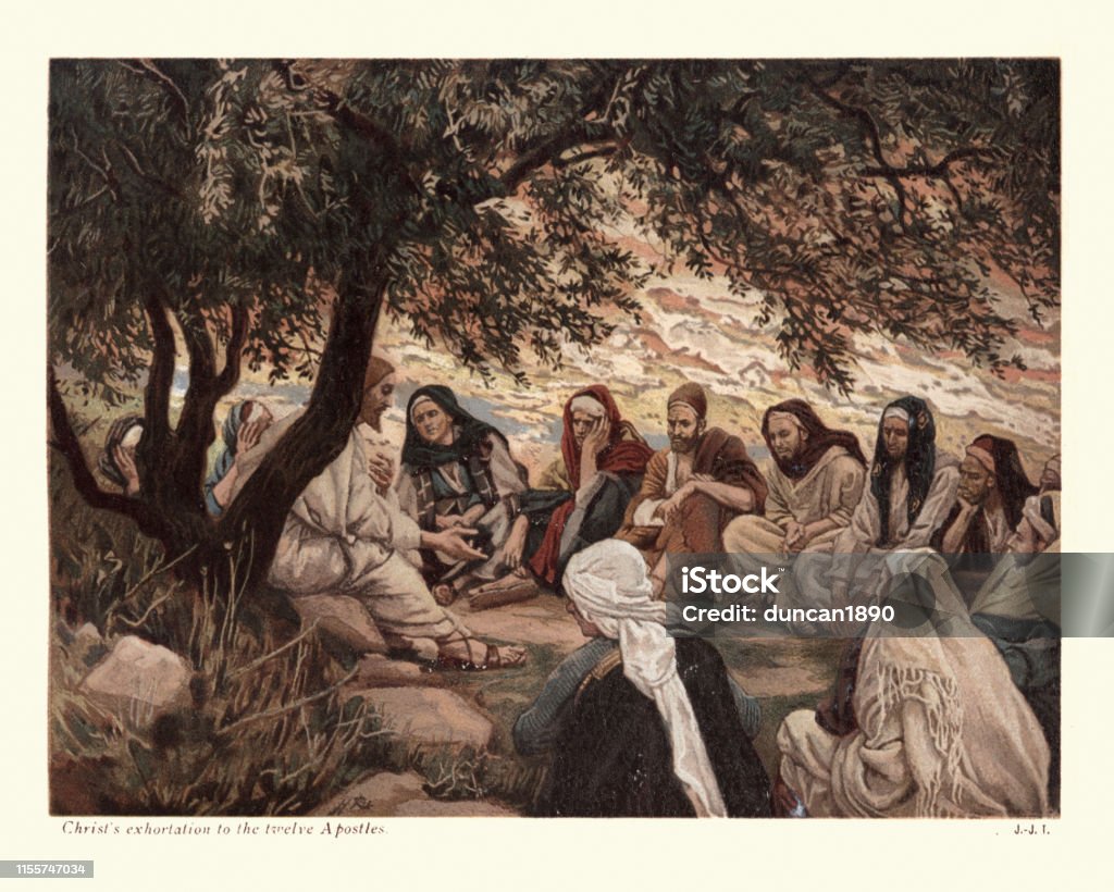 Jesus Christ's exhortation to the twelve Apostles Vintage engraving of Jesus Christ's exhortation to the twelve Apostles, by James Tissot Jesus Christ stock illustration