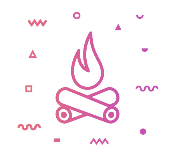 ilustrações, clipart, desenhos animados e ícones de projeto do ícone do estilo da linha de fogo do acampamento - campfire coal burning flame