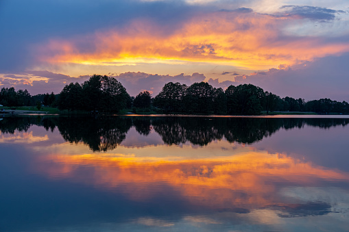 Reflections of clouds and trees in a sunny day on the lake.