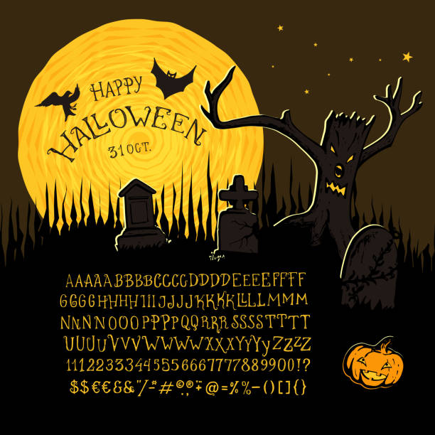 Happy Halloween font Happy Halloween font. Hand crafted retro vintage typeface design. Original handmade textured lettering type alphabet on navy background. Authentic handwritten font, vector graphics letters. haunted house stock illustrations