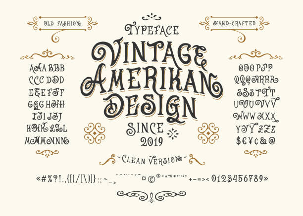 Font Vintage American Design Font Vintage American Design. Hand crafted retro typeface. Handmade type letters numbers punctuation accents. Original handwritten graphic alphabet. Vector illustration old badge label  template west direction stock illustrations