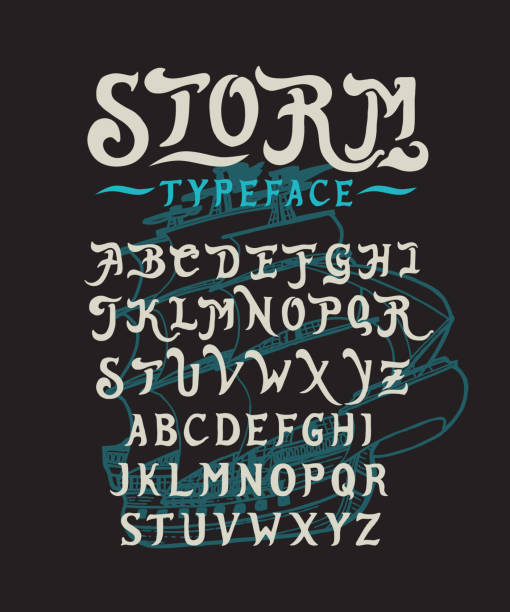 Font Storm hand Font Storm. Hand crafted stylized retro vintage typeface design. Original handmade lettering type alphabet on navy background. Authentic handwritten font, vector set letters. Art script , label. cursive letters tattoos silhouette stock illustrations