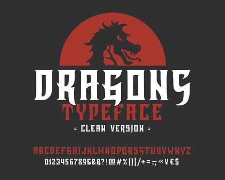 Font Dragons. Clean version.  Hand crafted retro vintage typeface design. Handmade  lettering. Authentic handwritten alphabet. Vector graphic illustration old badge label  template.