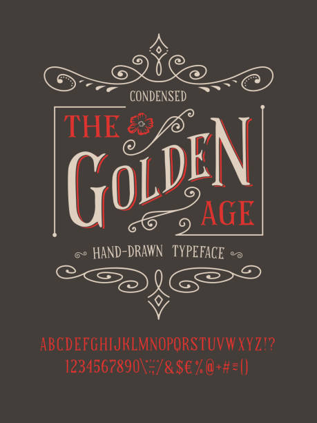 THE GOLDEN AGE FONT THE GOLDEN AGE FONT. Old retro typeface design. Hand made type alphabet. Authentic letters, numbers, punctuation. Script art for fashion apparel t shirt print graphic vintage vector badge label alphabet borders stock illustrations