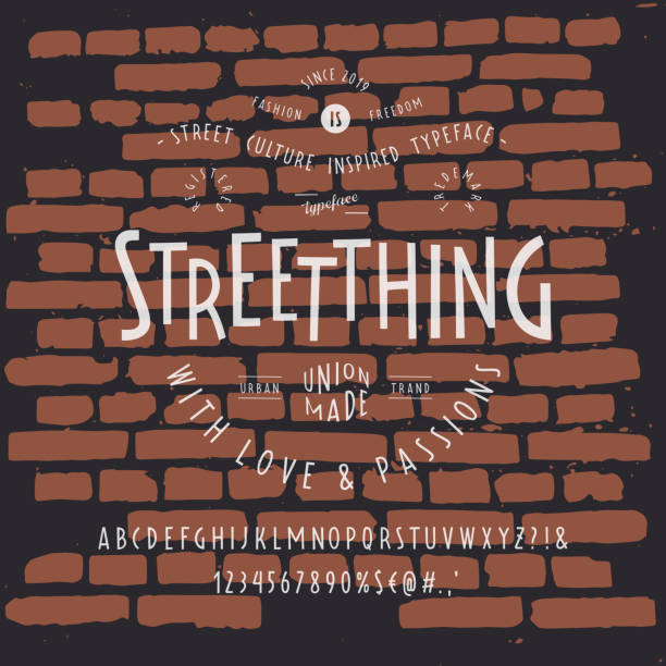 Font STREETTHING. Craft Font STREETTHING. Craft retro vintage typeface design. Fashion type. Sans serif. Pop modern display vector letters alphabet. Drawn in graphic style. Set of Latin characters, numbers. energy conservation posters drawing stock illustrations