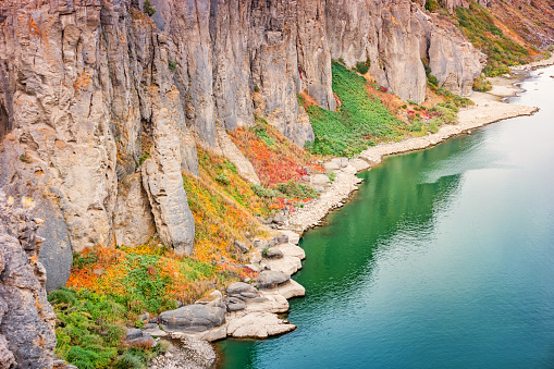 Stock photograph of the Snake River Canyon at Shoshone Falls in Twin Falls Idaho USA on an autumn morning.