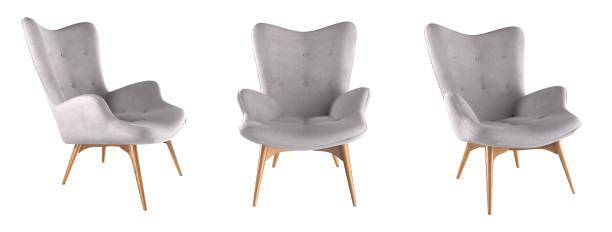 moderne graue sessel set isoliert auf weiß. 3d-rendern. - armchair stock-fotos und bilder