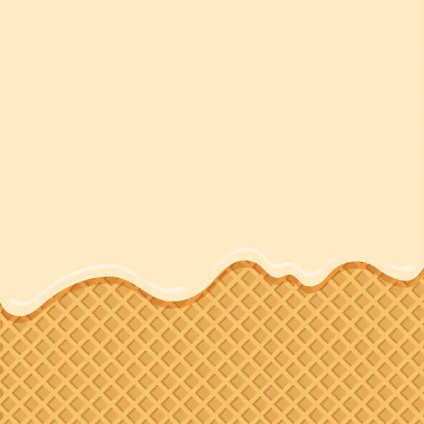 Vector illustration of Vanilla ice cream flowing down on wafer background. Vector