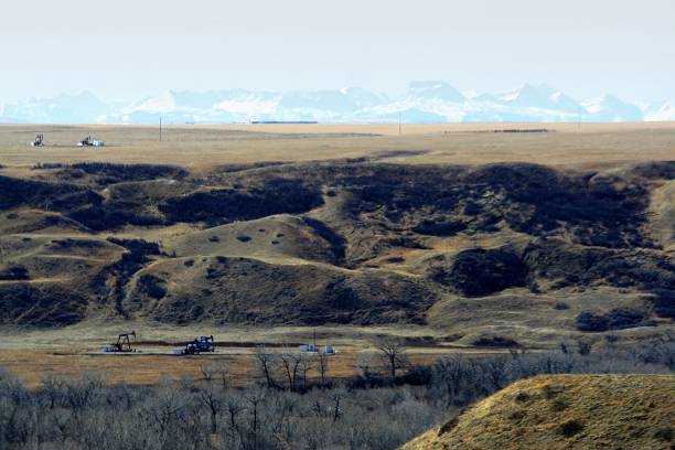 Oldman River Valley Oldman River Valley near Lethbridge, Alberta, Canada, with oil jacks, and the Rocky Mountains visible in the background. lethbridge alberta stock pictures, royalty-free photos & images