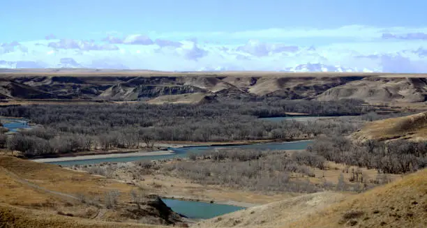 Oldman River valley near Lethbridge, Alberta in spring, with Rocky Mountains visible in background.