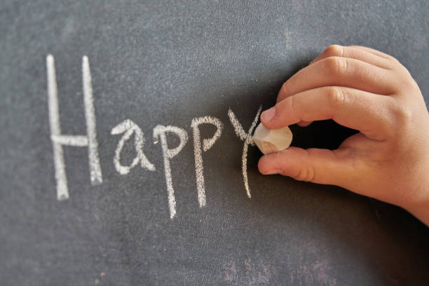 istock Graphical representation of the word, happy, written with chalk on blackboard 1155754392