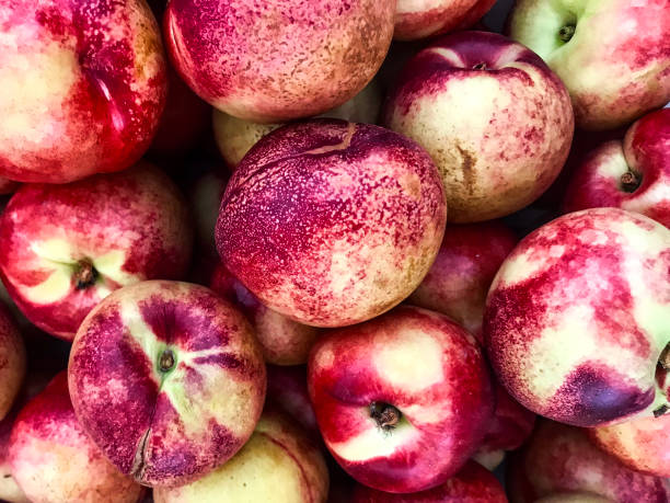 свежие нектартины на фермерском рынке - nectarine peach red market стоковые фото и изображения