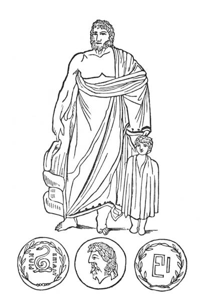 antike römische gottesillustrationen-aesculapius-perseus - roman mythology greek mythology mythological character perseus stock-grafiken, -clipart, -cartoons und -symbole