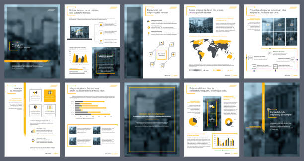 ilustraciones, imágenes clip art, dibujos animados e iconos de stock de diseño creativo de informe anual de negocios. plantilla de informe y presentaciones. folleto de diseño creativo. - plano documento