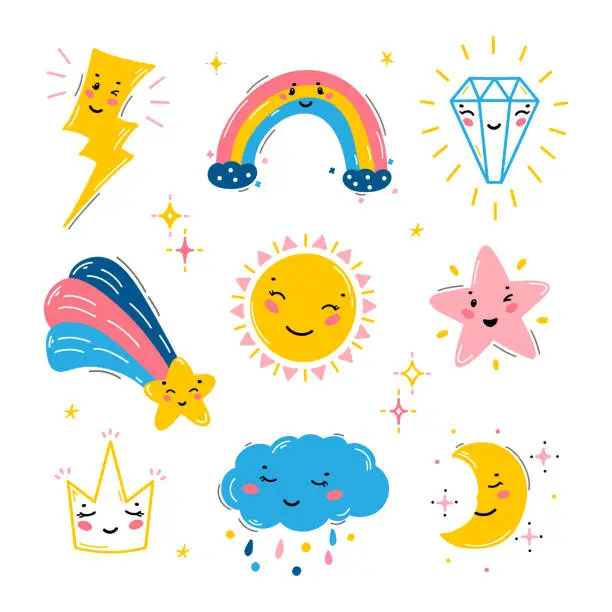 Vector illustration of Little Cute Smiling Weather, Celestial bodies and Jewels Kawaii Icons. Sky and Space Vector Set for Kids Fashion, Nursery, Baby Shower, Scandinavian Print or Poster