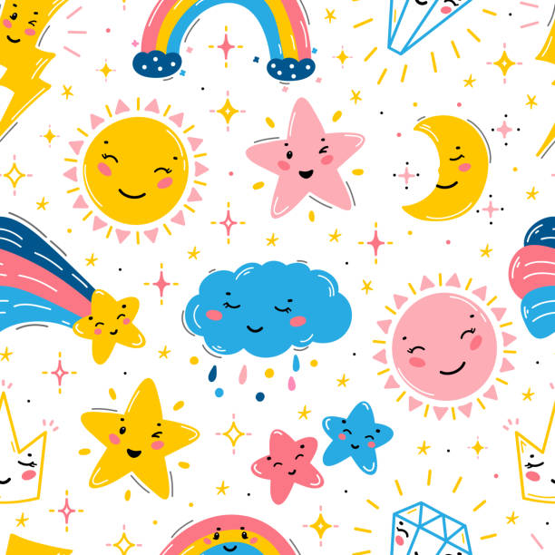 wektor tło z little cute smiling pogoda, ciała niebieskie i klejnoty ikony kawaii. niebo i przestrzeń bezszwowy wzór dla dzieci moda, przedszkole, baby shower - 7947 stock illustrations
