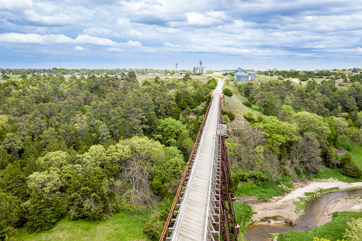 multi-use recreational Cowboy Trail in northern Nebraska - aerial view of a long trestle over Long Pine Creek