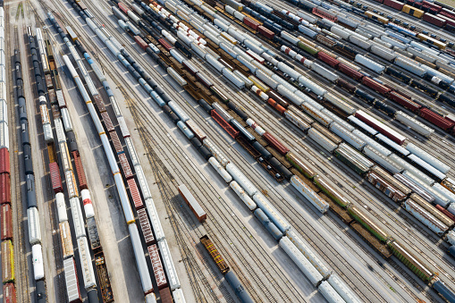 Aerial view of cargo containers and freight trains, Missouri, USA.