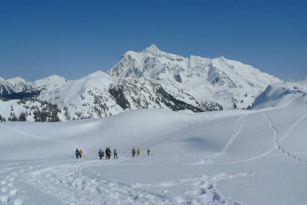 Snowshoeng Artist Point with Mount Shuksan Huntoon Point and Artist Point, Mount Baker mt shuksan stock pictures, royalty-free photos & images