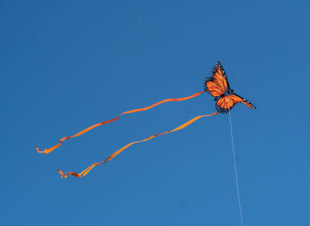 Bright orange kite flying against blue sky.