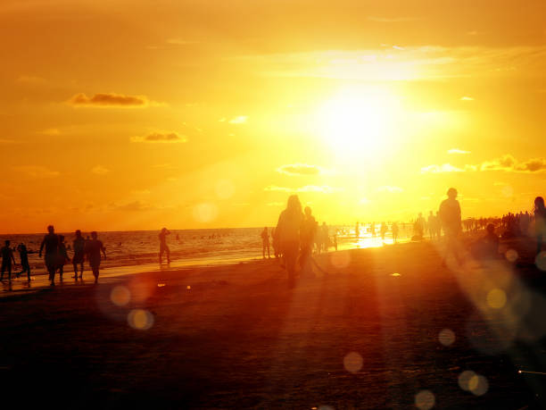 istock silhouetted people on public beach over orange colored sunset sky 1155768829