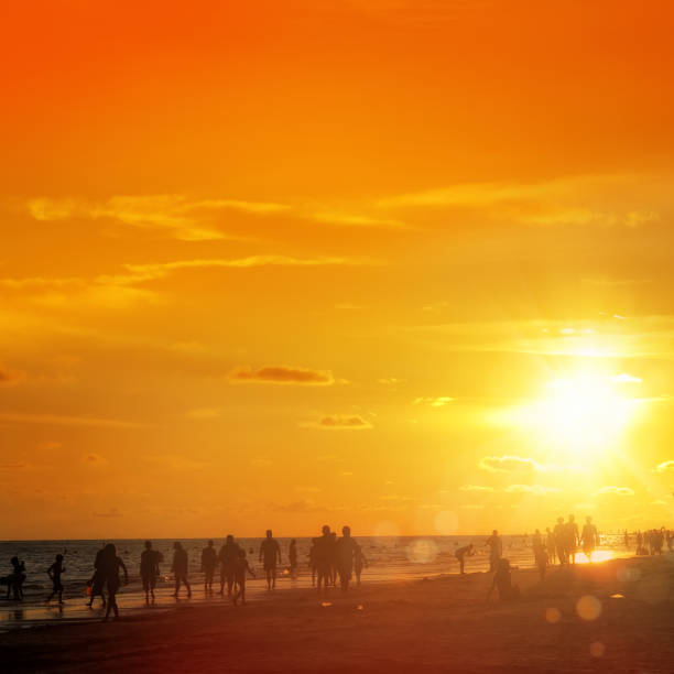 istock silhouetted people on public beach over orange colored sunset sky 1155771914