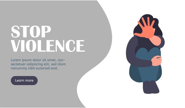 illustrazioni stock, clip art, cartoni animati e icone di tendenza di stop alla pagina web di destinazione dell'harrasment. fermare la violenza - violenza donne