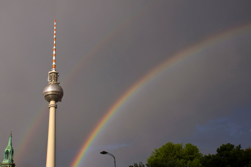 The television tower in Berlin during a thunderstorm