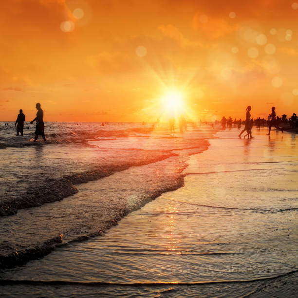 istock silhouetted people on public beach over orange colored sunset sky 1155772708