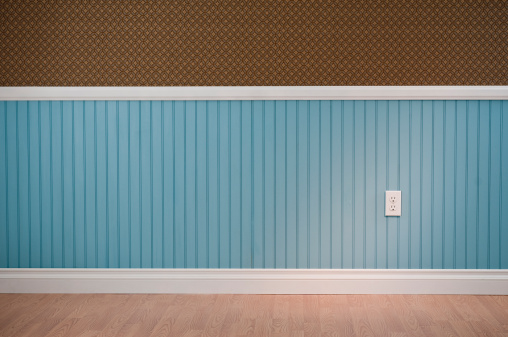 Empty room with power outlet. The wall has a blue beadboard wainscoting and a patterned wallpaper.*