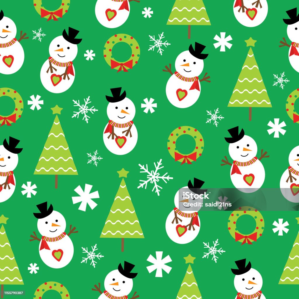 배경 화면에 적합 한 녹색 배경에 귀여운 눈사람 및 크리스마스 트리와 크리스마스 일러스트의 완벽 한 배경 겨울에 대한 스톡 벡터 아트  및 기타 이미지 - Istock
