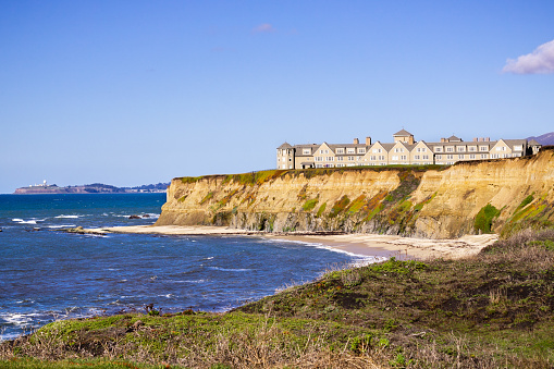 January 5, 2017 Half Moon Bay / CA / USA - The Ritz Carlton Hotel on the Pacific Ocean Coastline on top of eroded cliffs