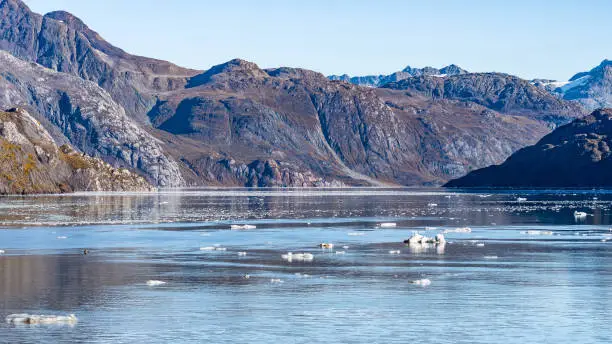Rocky mountain range in Glacier Bay Alaska with pieces of ice/icebergs floating and water reflections. Scenic nature tour sailing through the inlet basin tidewater in the National Park and Preserve.