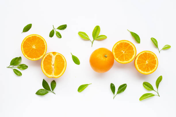 istock High vitamin C. Fresh orange citrus fruit with leaves isolated on white. 1155809062