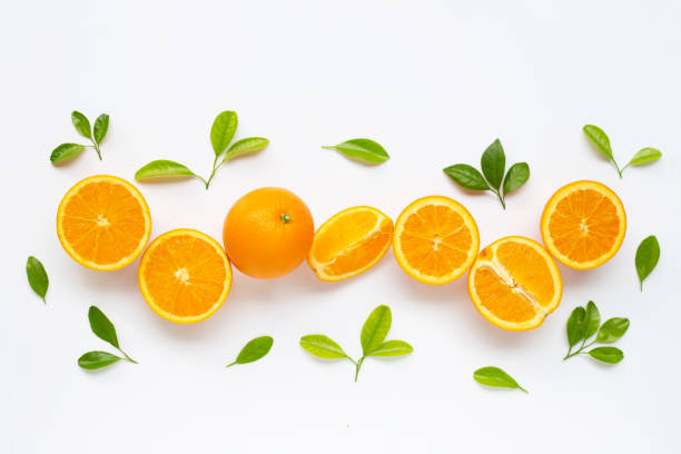 istock High vitamin C. Fresh orange citrus fruit with leaves isolated on white. 1155809144