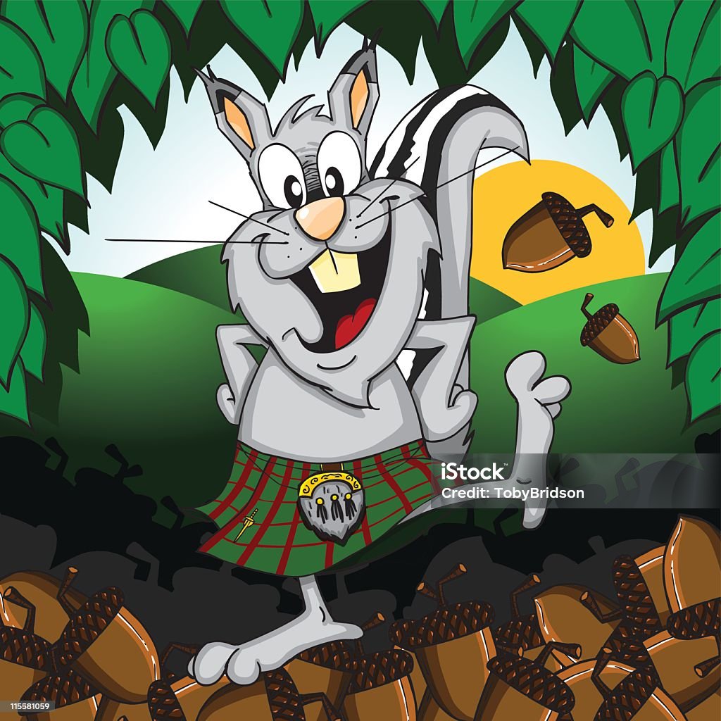 Dancing Squirrel A squirrel who is dancing a jig, wearing a kilt and is overjoyed at how many acorns or nuts he's collected. Irish Culture stock vector