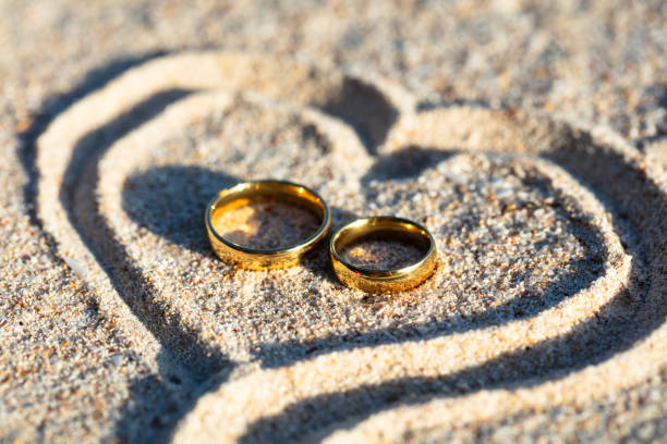 istock Golden Wedding Rings Inside The Heart Shape On Sand 1155811977