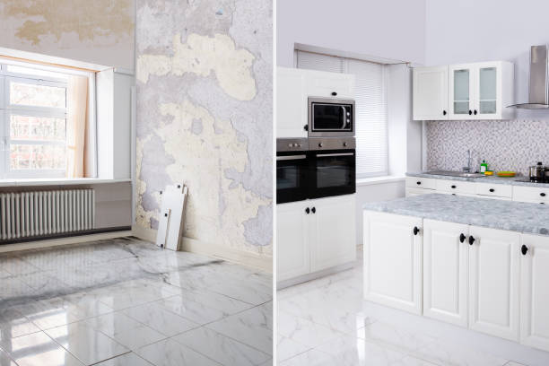 An Empty Kitchen Apartment Room After Renovation Before And After Of Modern Kitchen Apartment Room In Renovated House before and after stock pictures, royalty-free photos & images