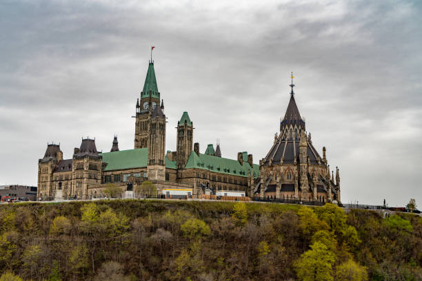 Ornate wrought iron gates in the foreground, with the Canadian Parliament in the background.