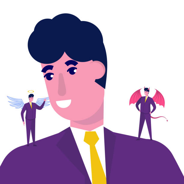 biznesmen słuchający diabła i anioła. ilustracja znaków wektorowych - expressing positivity devil angel moral dilemma stock illustrations