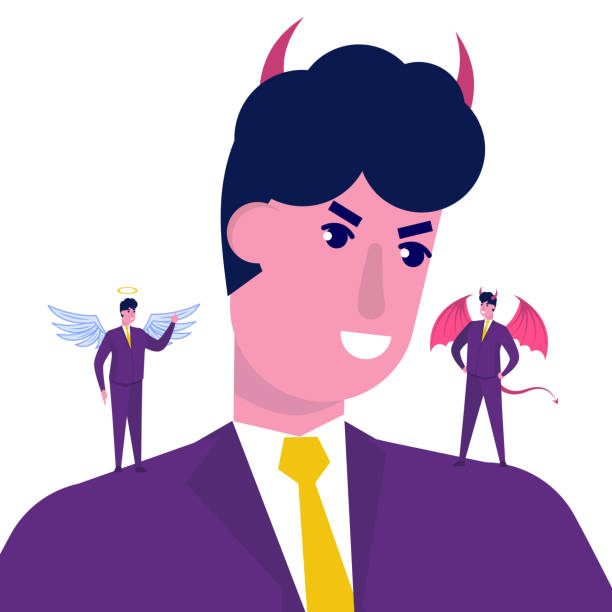 biznesmen słuchający diabła i anioła. ilustracja znaków wektorowych - expressing positivity devil angel moral dilemma stock illustrations