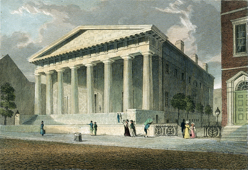 Vintage illustration features the Second Bank of the United States, located in Philadelphia, Pennsylvania, chartered in 1816.