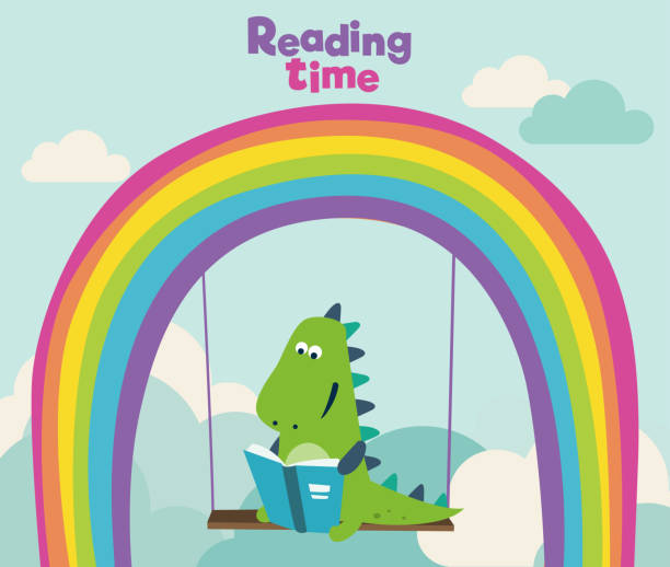 ilustraciones, imágenes clip art, dibujos animados e iconos de stock de lindo dinosaurio lee un libro sobre el swing. tiranosaurios divertidos sentados en el arco iris - tyrannosaur