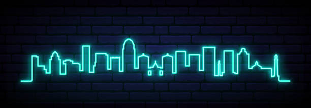 Blue neon skyline of Louisville city. Bright Louisville long banner. Vector illustration. Blue neon skyline of Louisville city. Bright Louisville long banner. Vector illustration. louisville city icons stock illustrations