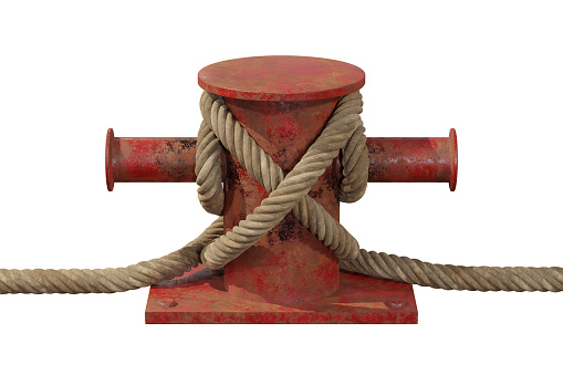 Mooring Nautical Bollard with Rope Sea Knot for ship and marine pier. Old painted and rust iron. 3D render Illustration isolated on a white background.