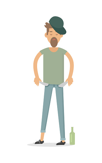 Pauper men with empty pockets isolated on white. Bottle of vodka whisky near by. Alky, wino male. Unfortunate, poverty pleb. Alcoholic, dipsomaniac, drunkard. Vector illustration in flat style