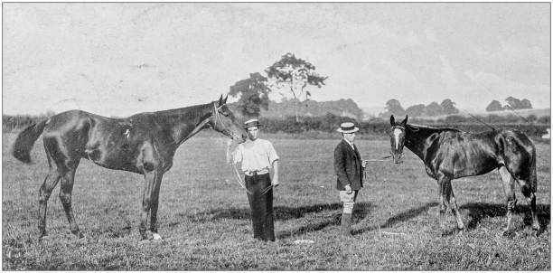 illustrations, cliparts, dessins animés et icônes de antique vintage photo noir et blanc: chevaux de course - photos de cavalier ancien