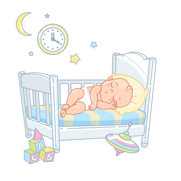 mały chłopiec lub dziewczynka w łóżku, łóżeczku. - house home interior small human hand stock illustrations