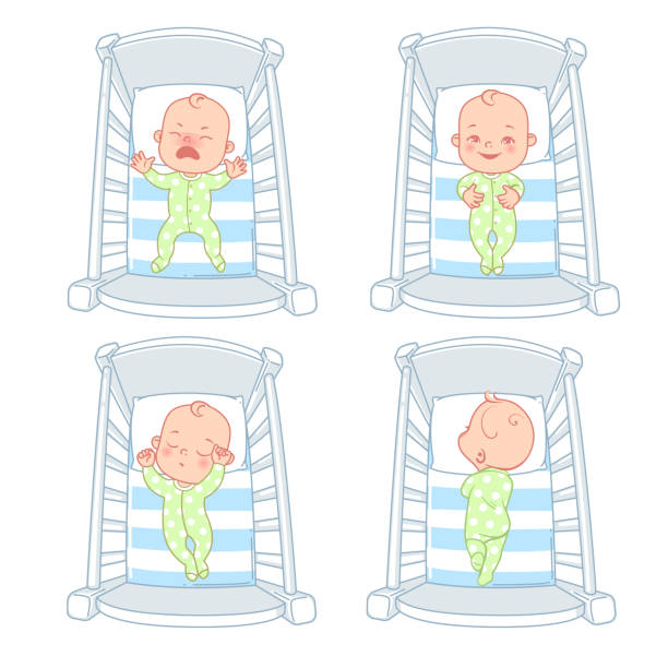 침대, 유아용 침대에서 어린 아기 소년 또는 소녀. - baby mother family crib stock illustrations