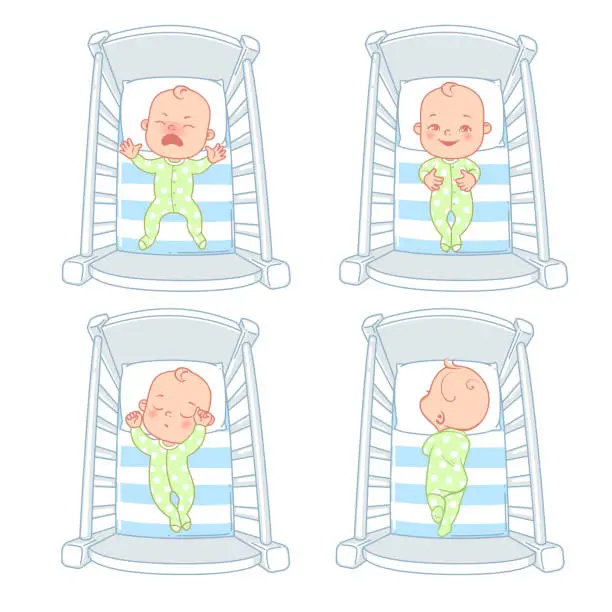 Vector illustration of Little baby boy or girl in bed, crib.